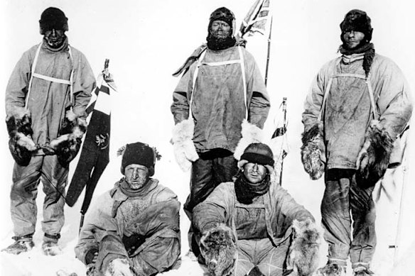 Members of the Scott polar expedition team photographed at the South Pole in January 1912.