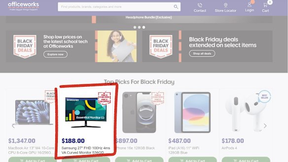 The Samsung monitor in question was advertised as a top pick among Officeworks’ Black Friday offering, after it had previously been sold at that price.