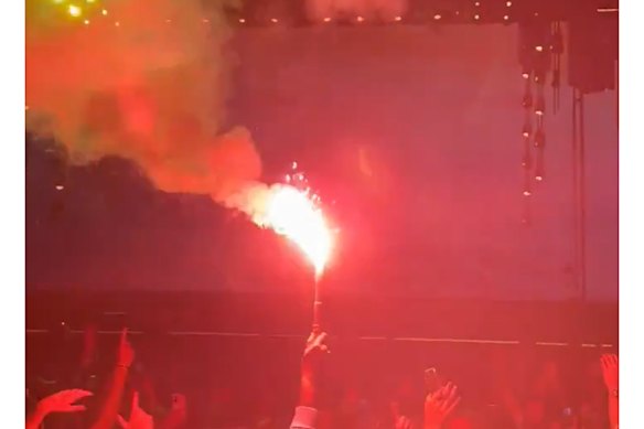 A flare was lit in the crowd at the Oasis concert at Melbourne’s Marvel Stadium on Friday night. 