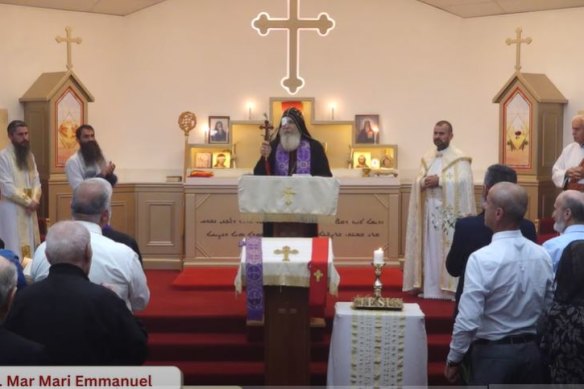 Wearing a white medical eye patch, Bishop Mar Mari Emmanuel returned to a cheering congregation.