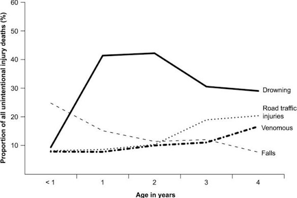 The chart that opened Jagnoor Jagnoor’s eyes, showing the steep rise of children who died from drowning from one to five in India