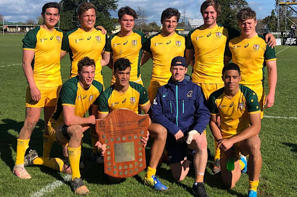 Joe Brial (back row, second from right) playing for the Australian Schools and under 18s in 2019. Dan Botha, Billy Pollard, Joseph-Aukuso Suaalii and Tolu Koula were also in the side.
