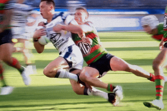 Jack Wighton is penalised and put on report for an alleged hip drop tackle on Scott Drinkwater.
