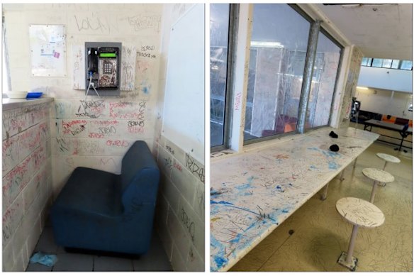 Graffiti and floor scratchings in areas of Brisbane Youth Detention Centre. 