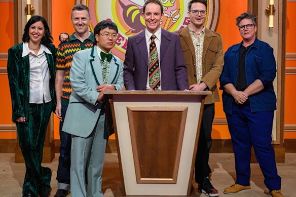 Guy Montgomery and Aaron Chen with previous Spelling Bee contestants (from left) Nina Oyama, Lloyd Langford, Tom Walker and Hannah Gadsby. 
