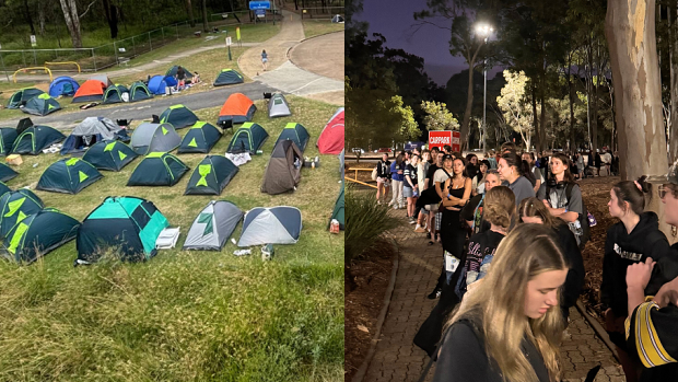Eager Billie Eilish fans have set up camp in tents outside the Brisbane Entertainment Centre.
