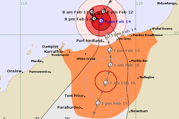 The predicted path of Severe Tropical Cyclone Zelia as of 7am on Friday.