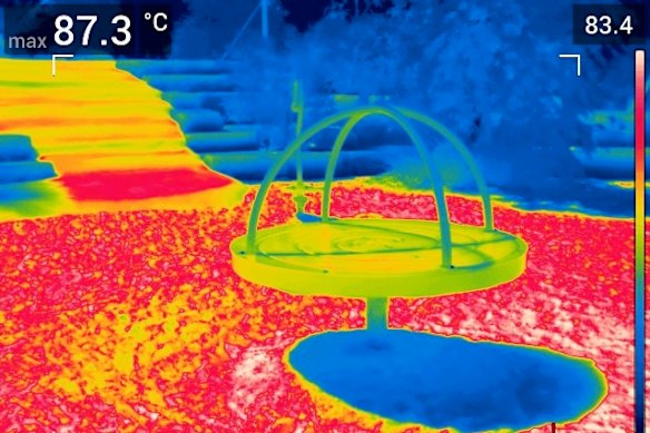 An infrared thermal image of Stargazing Park, Box Hill. The softfall was the hottest, with one point measuring 87 degrees.