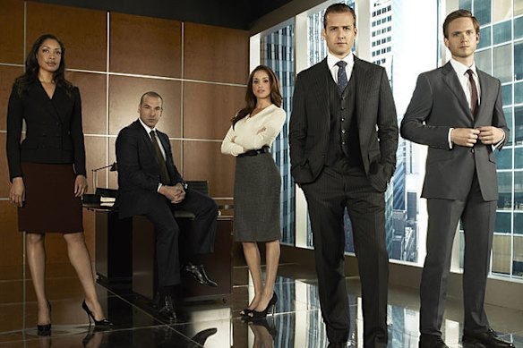 The main cast of US TV show Suits, featuring Meghan Markle (centre).
