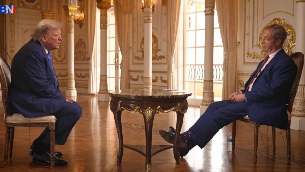 Donald Trump speaking with Nigel Farage in 2024 for GB News.