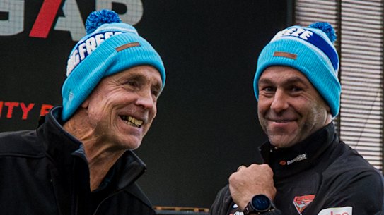Terry Daniher with Essendon’s interim coach Dean Solomon on Tuesday.