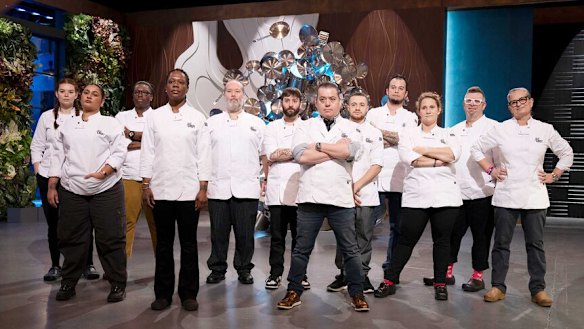 Contestants on “Yes, Chef”, including Katsuji Tanabe (arms folded, centre front).