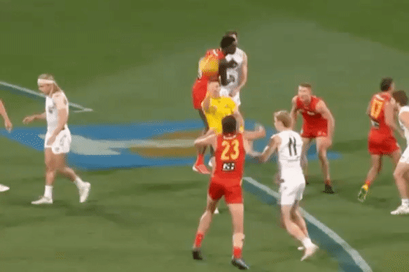 Daniel Rioli was fined by the MRO for this collision with an umpire in the first quarter on Friday night.