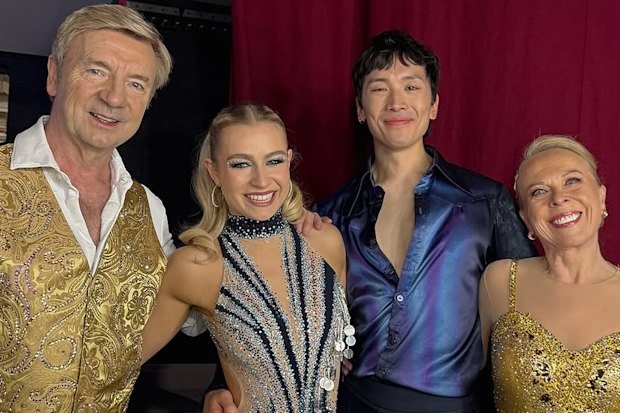 Christopher Dean and Jayne Torvill  with Harris and Chan during the British pair’s tour of Australia last year. 