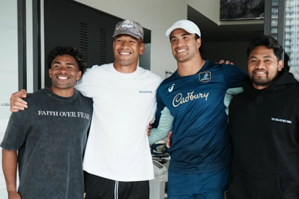 Israel Folau and Joseph-Aukuso Suaalii at Wallabies training in Tokyo, with other D-Rocks players.
