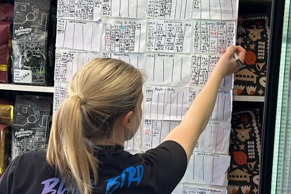 The wall of local customers and their coffee orders at Blackbird Espresso.