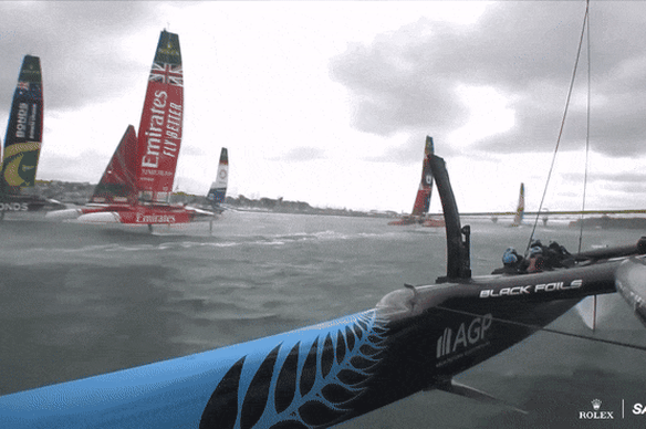 Footage of the French catamaran colliding with the New Zealand boat.