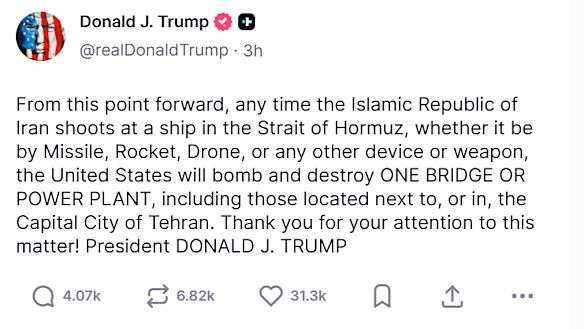 Donald Trump’s latest threat to Iran, posted to his Truth Social platform. 