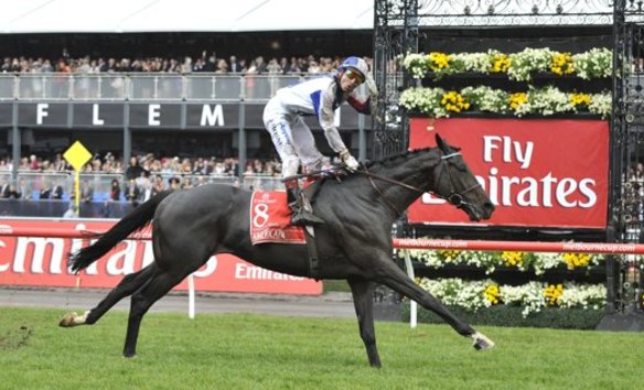Americain wins the 2010 Melbourne Cup for jockey Gerald Mosse and trainer Alain de Royer-Dupré.