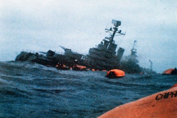 The Argentinian ship the General Belgrano sinking after being attacked by a British submarine during the Falkland Islands war in 1982.