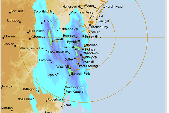 A radar image from the bureau’s website of the storm hitting Sydney.