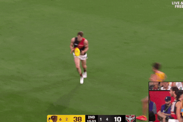 Hawthorn’s Jack Scrimshaw is set to face MRO scrutiny after this incident with Bomber Jordan Ridley.