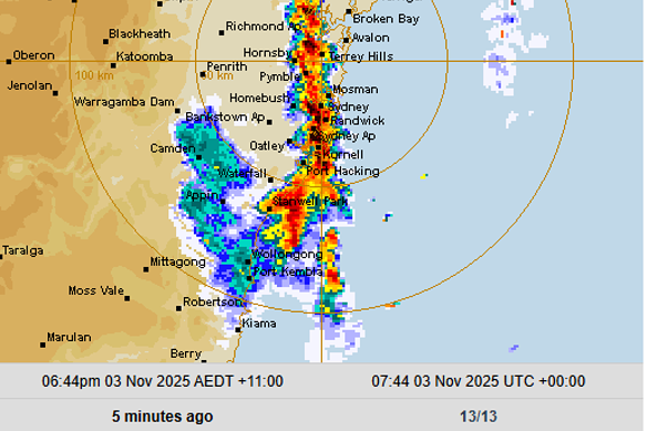 Radar image of storm hitting Sydney on Weather Chaser