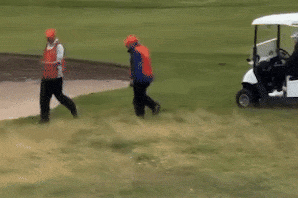 A video of Donald Trump near a sand trap on a Scottish fairway.