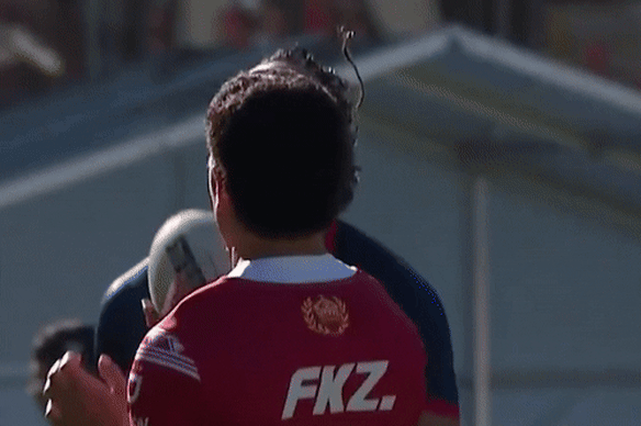 Eli Katoa was on the end of this sickening hit before the Tonga-New Zealand clash.