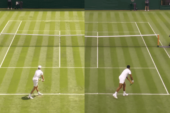 A side-by-side comparison of world No.1 Jannik Sinner and big-hitting Frenchman Giovanni Mpetshi Perricard serving at Wimbledon.