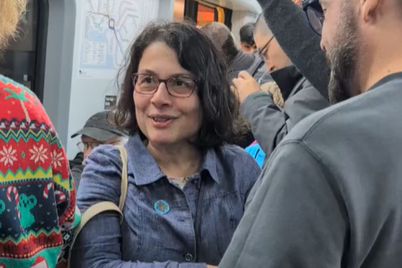 Linda Cantan on board one of the first passenger services through the Metro Tunnel.