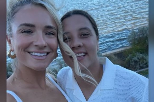 Kristie Mewis (left) and Sam Kerr (right) match in white ahead of their Perth wedding.
