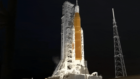NASA’s 100-metre tall rocket is set to blast off with four astronauts on board on Thursday.