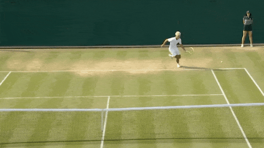 Cruz Hewitt unleashes a forehand at Wimbledon. 