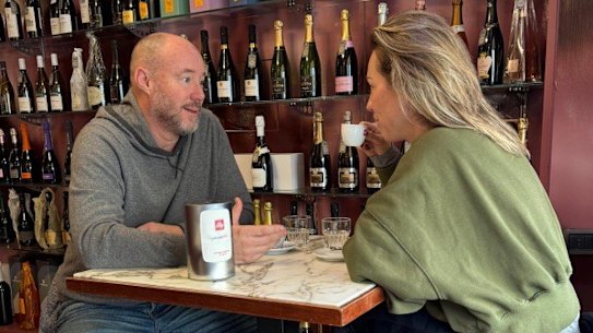 Luke Sayers and his wife Cate in a cafe in Lucca, Tuscany.