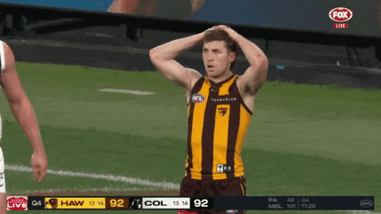 Dylan Moore after his shot on goal after the siren was spoiled on the line by Sam Swadling - reducing the Hawks and Pies to a draw for the second time this season.