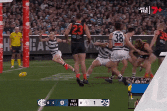 The most controversial moment of the night: This wasn’t awarded a goal to Geelong’s Ollie Dempsey. The Blues went on to win by four points.