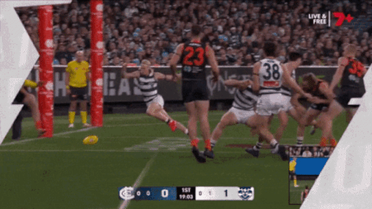 The most controversial moment of the night: This wasn’t awarded a goal to Geelong’s Ollie Dempsey. The Blues went on to win by four points.