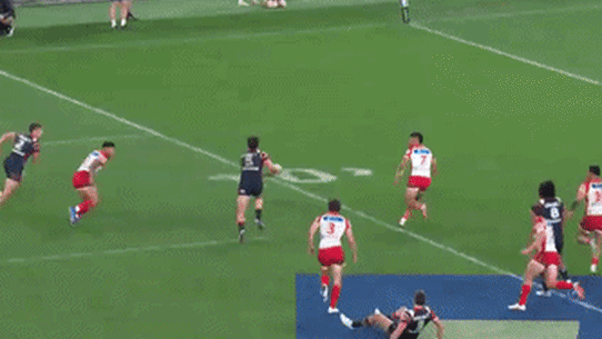Salesi Foketi flattens Dolphins halfback Isaiya Katoa.