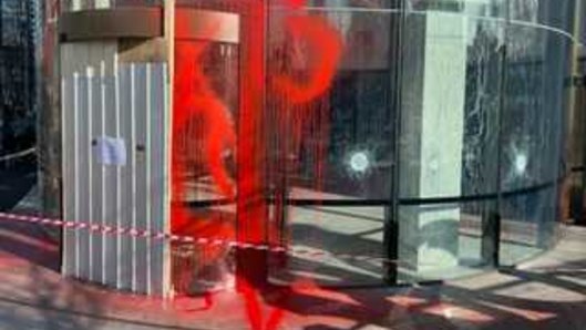 Toll Group’s St Kilda Road headquarters was vandalised with red paint in mid-July 2025.