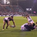 Reuben Garrick starts the scoring for Manly despite almost knocking the ball on.