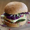 The haloumi burger is lifted by avjar relish.