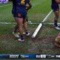 Panthers winger Tom Jenkins clutches at his knee after being tackled against the Eels.