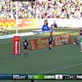 Raiders halfback Ethan Sanders scores his side's opening try against the Panthers.