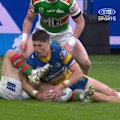 Rabbitohs fullback Jye Gray is forced off for a HIA after a head clash.
