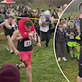 A couple from Finland hit the finish line first, taking home the top prize in annual wife carrying contest in the UK.