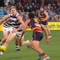 Geelong star Tom Stewart is spotted with a brutal bump on Adelaide's Callum Ah Chee.