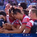 Roosters forward Amber Hall barges over for a first-half try against Brisbane.
