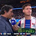 Kalyn Ponga speaks to Johnathan Thurston after Newcastle's grand final loss.