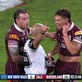 Kalyn Ponga is sent off for a high hit on Tolu Koula with Queensland players in disbelief, claiming it was merely a head clash.